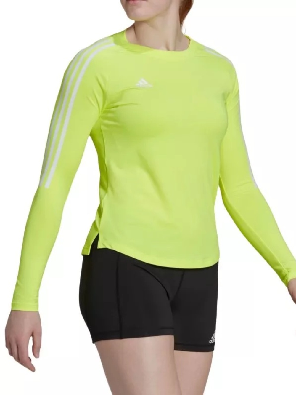 adidas Neon Yellow Long Sleeve Crew Training Top with White Stripes